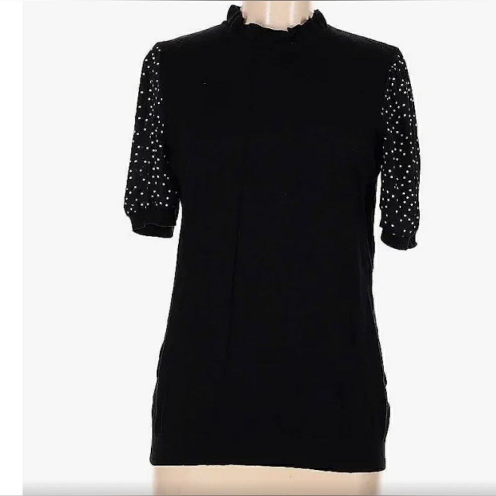 Adrianna Peppel XL Black Polka Dots Knit  Shrtslv Ruffle Neck Women Top Sweater
